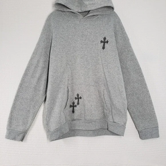 Womens Grey Hoodie XL Cross Print Graphic Hooded Sweatshirt Pullover Trap Goth - Picture 9 of 16